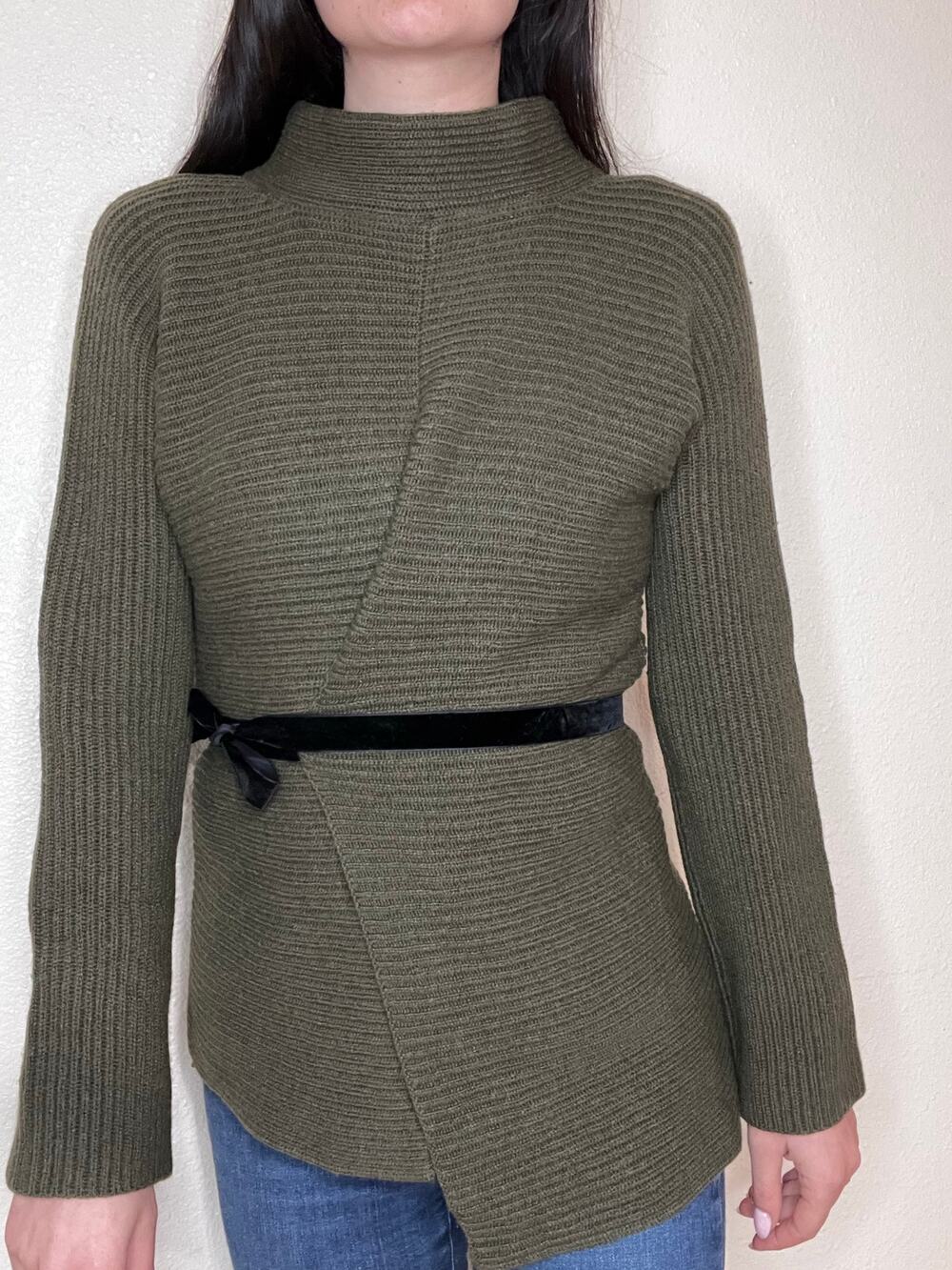 Vince dark olive green wool cashmere knit mock neck wrap sweater WOMEN MEDIUM